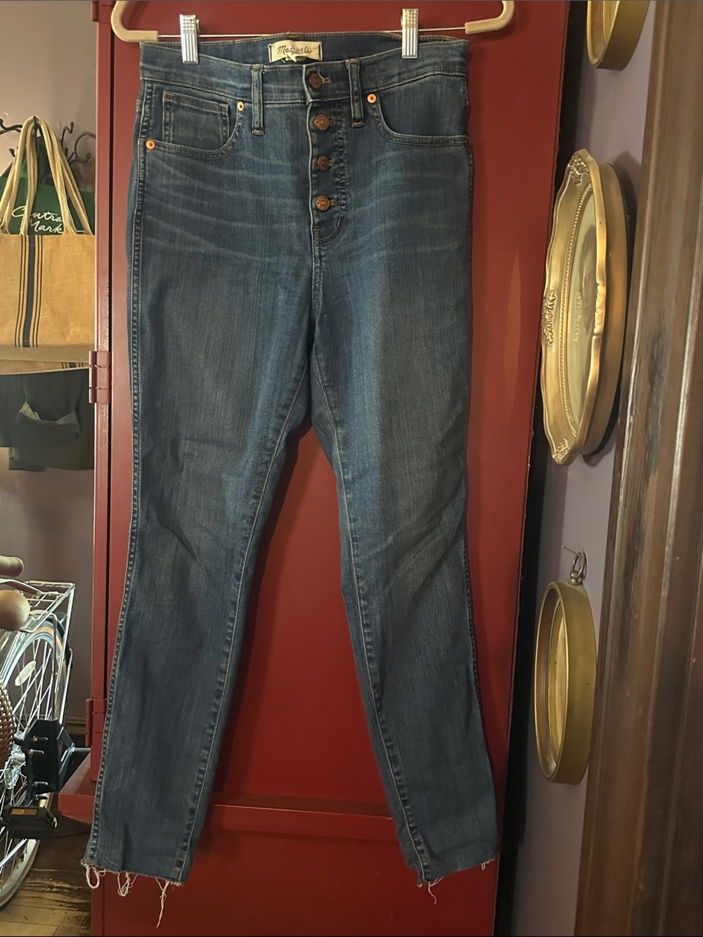 Madewell High-Rise Button-Fly Skinny Jeans in Dark Wash